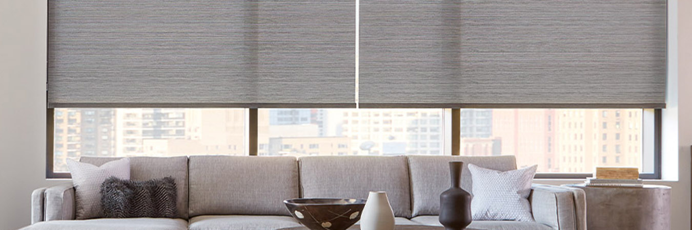 Gray roller shades in a modern living room.